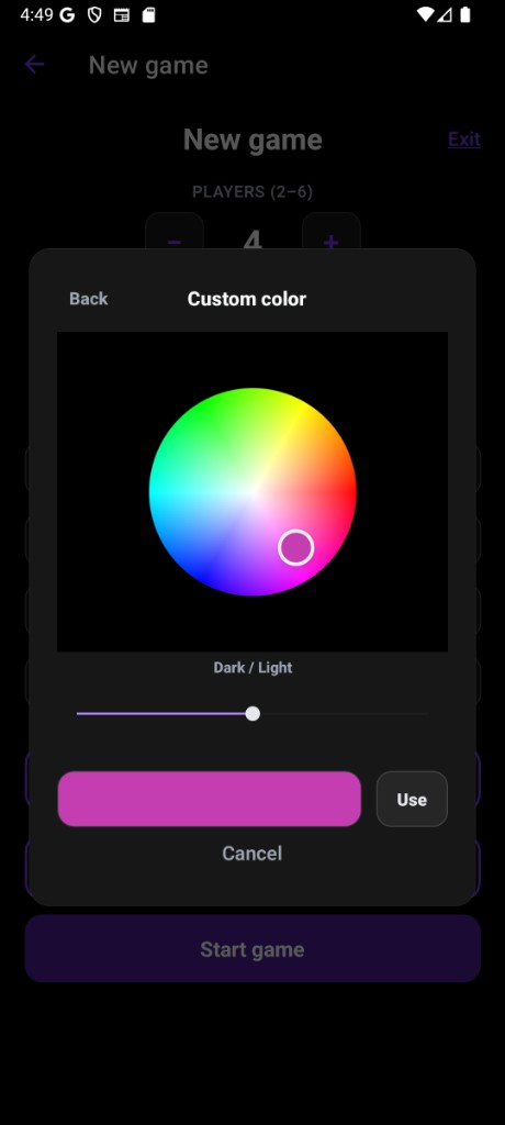 Custom color picker with color wheel and dark/light slider.