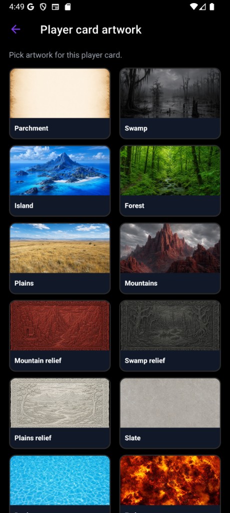 Player card artwork gallery with land and texture themes.