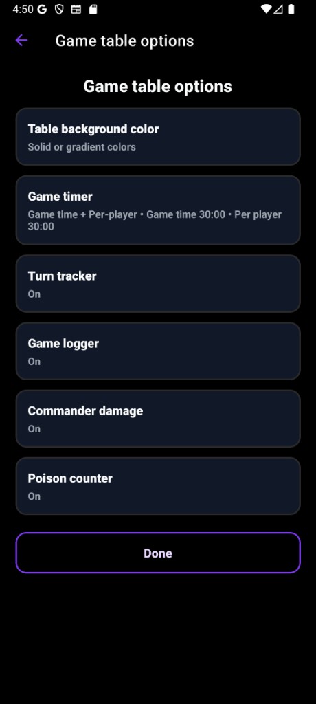 Game table options: timers, turn tracker, commander damage, poison, and game log.