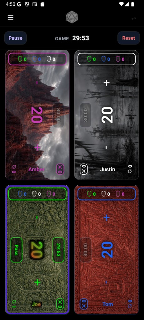 Four-player game table at start with life totals and timers.