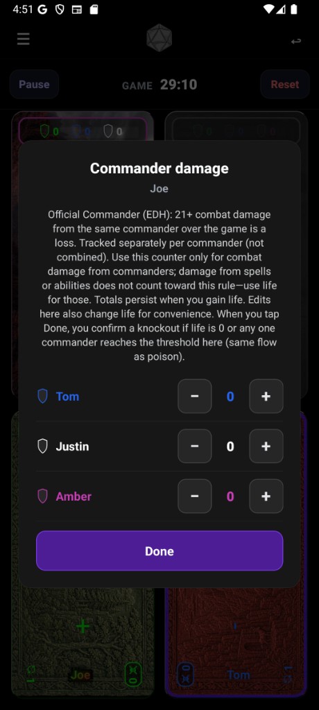 Commander damage tracker modal for a player seat.