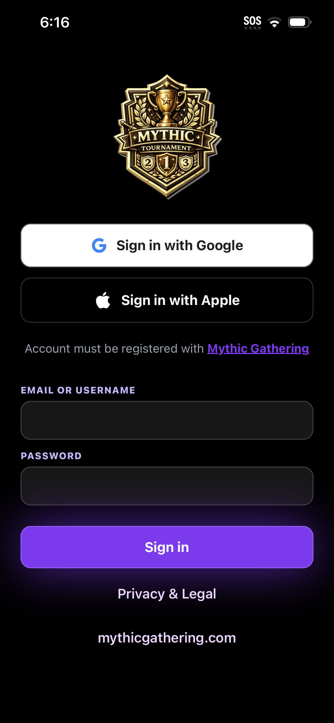 Mythic Tournament sign-in screen with Google, Apple, and email options — account registered with Mythic Gathering.