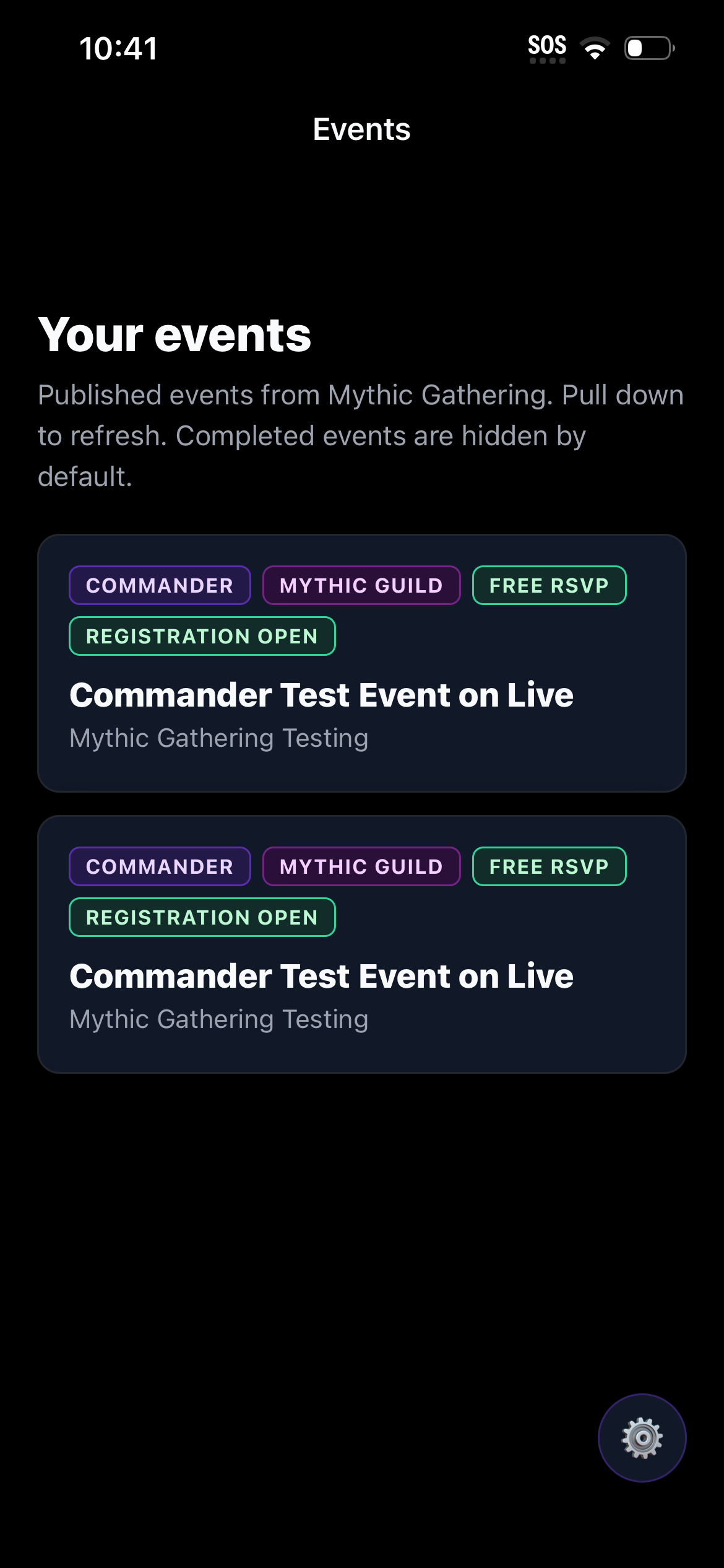 Events list showing published Mythic Gathering events with Commander, Mythic Guild, free RSVP, and registration-open badges.