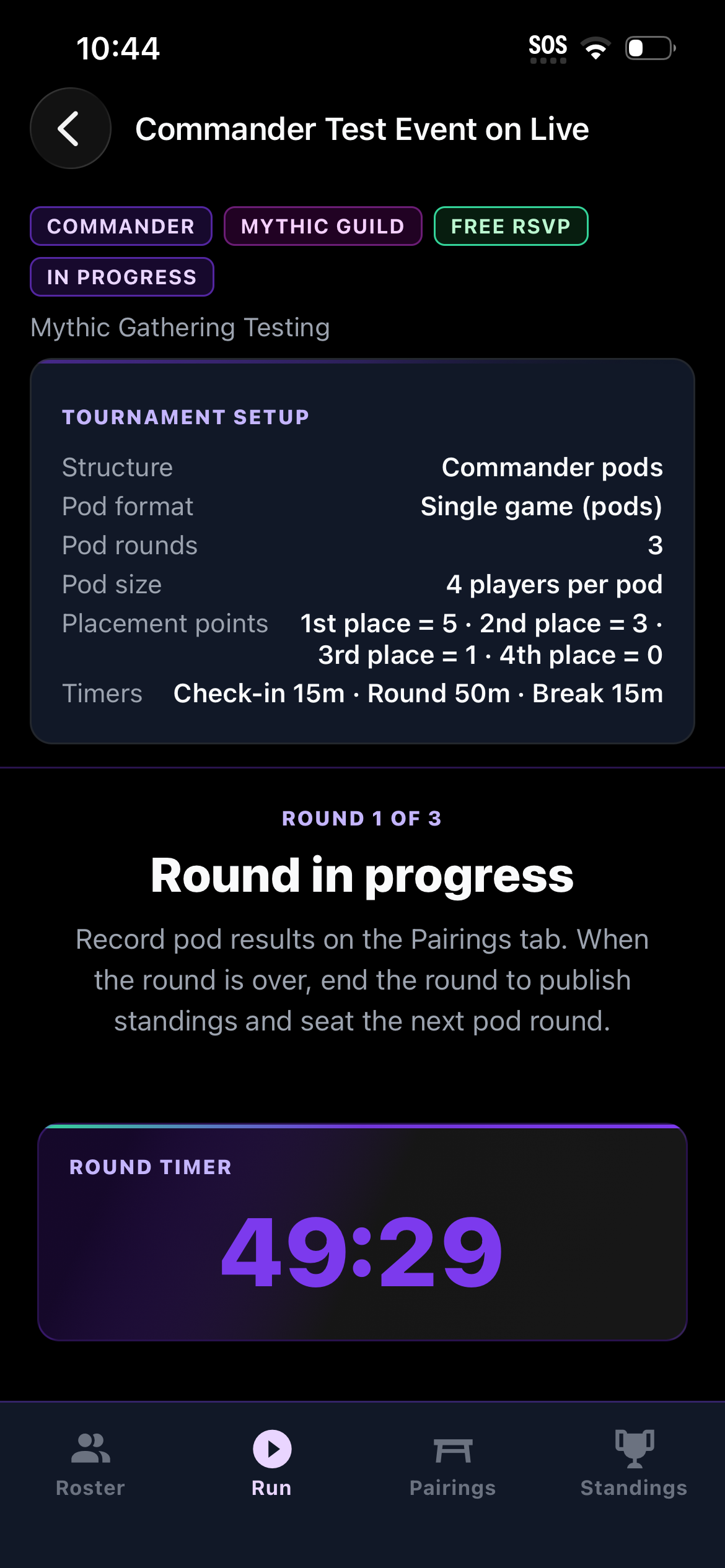 Run tab for a Commander event — tournament setup, round 1 of 3 in progress, and a live round timer.