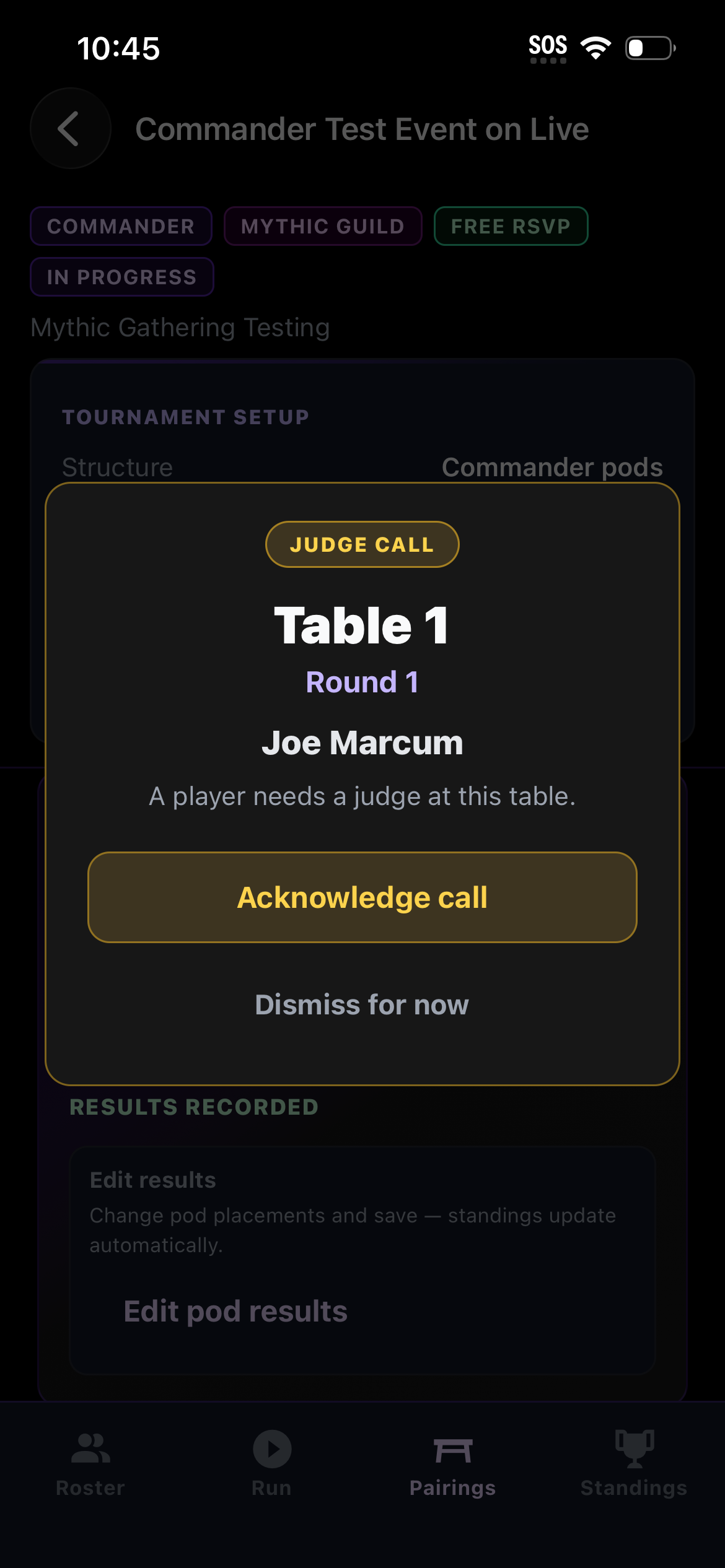 Judge call alert for table 1 with Acknowledge call and Dismiss options.