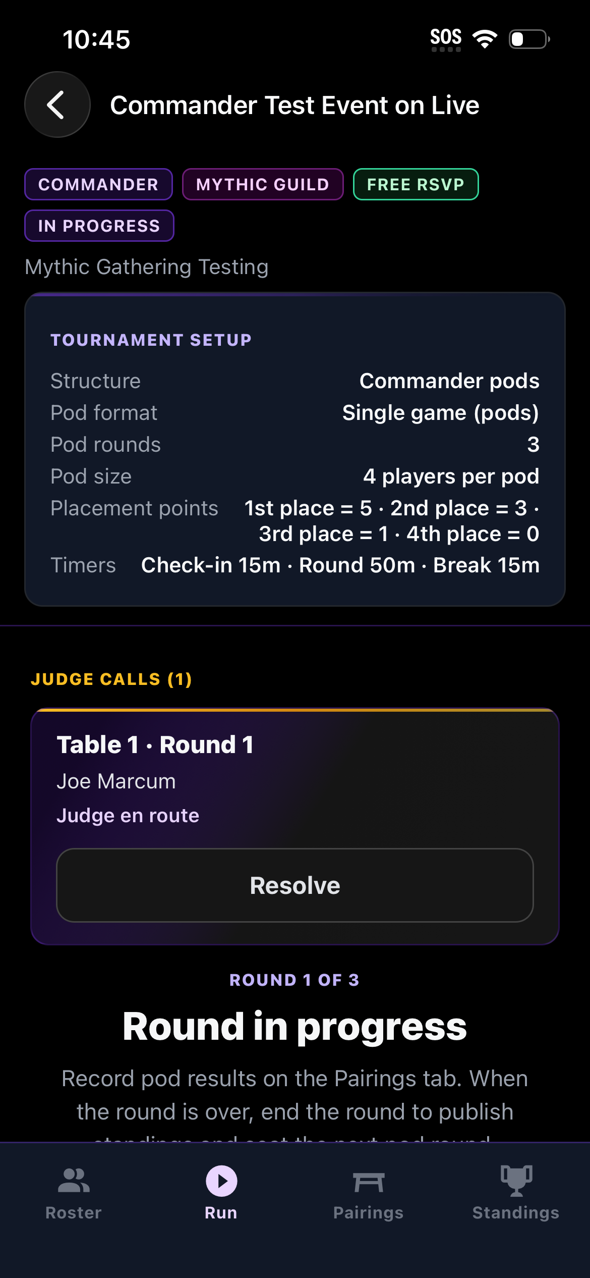 Run tab with an open judge call for table 1 marked judge en route and a Resolve button.