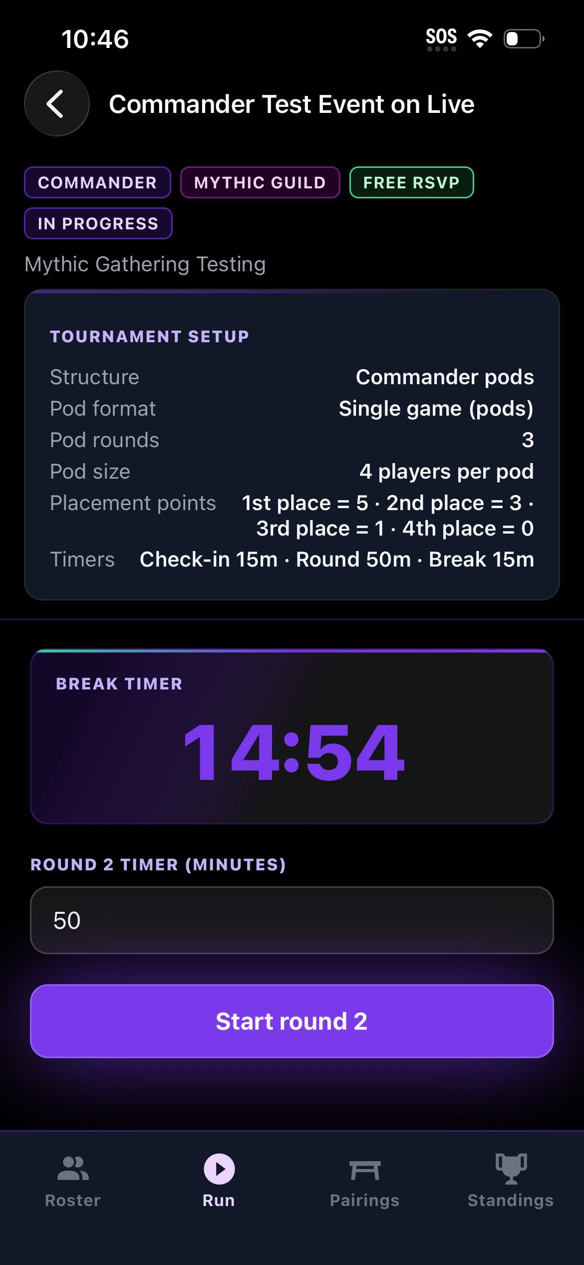 Break timer counting down between rounds with the round 2 timer set and a Start round 2 button.